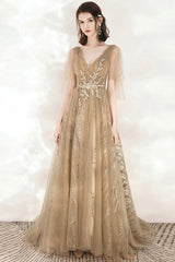 A-Line Tulle Beading Long Prom Dresses, V-Neck Evening Dresses