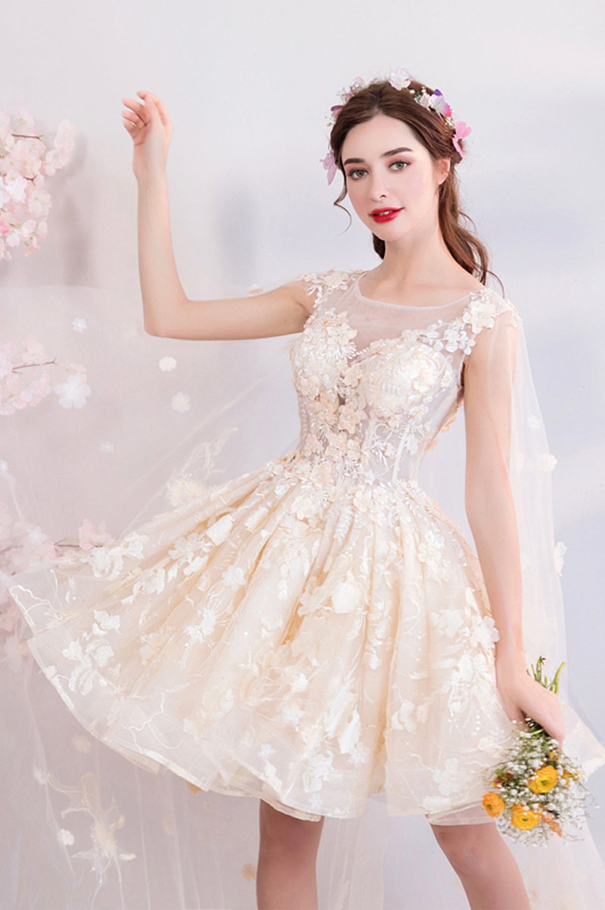 Champagne Scoop Neckline Lace Short Prom Dress, A-Line Homecoming Party Dress