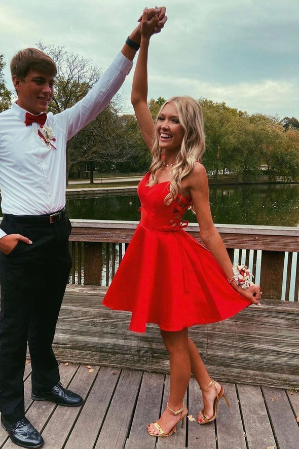 Red satin short prom dress homecoming dress SA1205