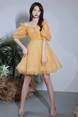 Yellow Tulle Short A-Line Prom Dress, Yellow Party Dress