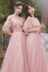 Pink Tulle Long Prom Dresses, Pink A-Line Tulle Party Dresses