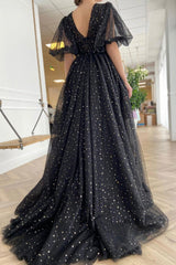 Black Tulle Long A-Line Prom Dresses, V-Neck Short Sleeve Evening Dresses