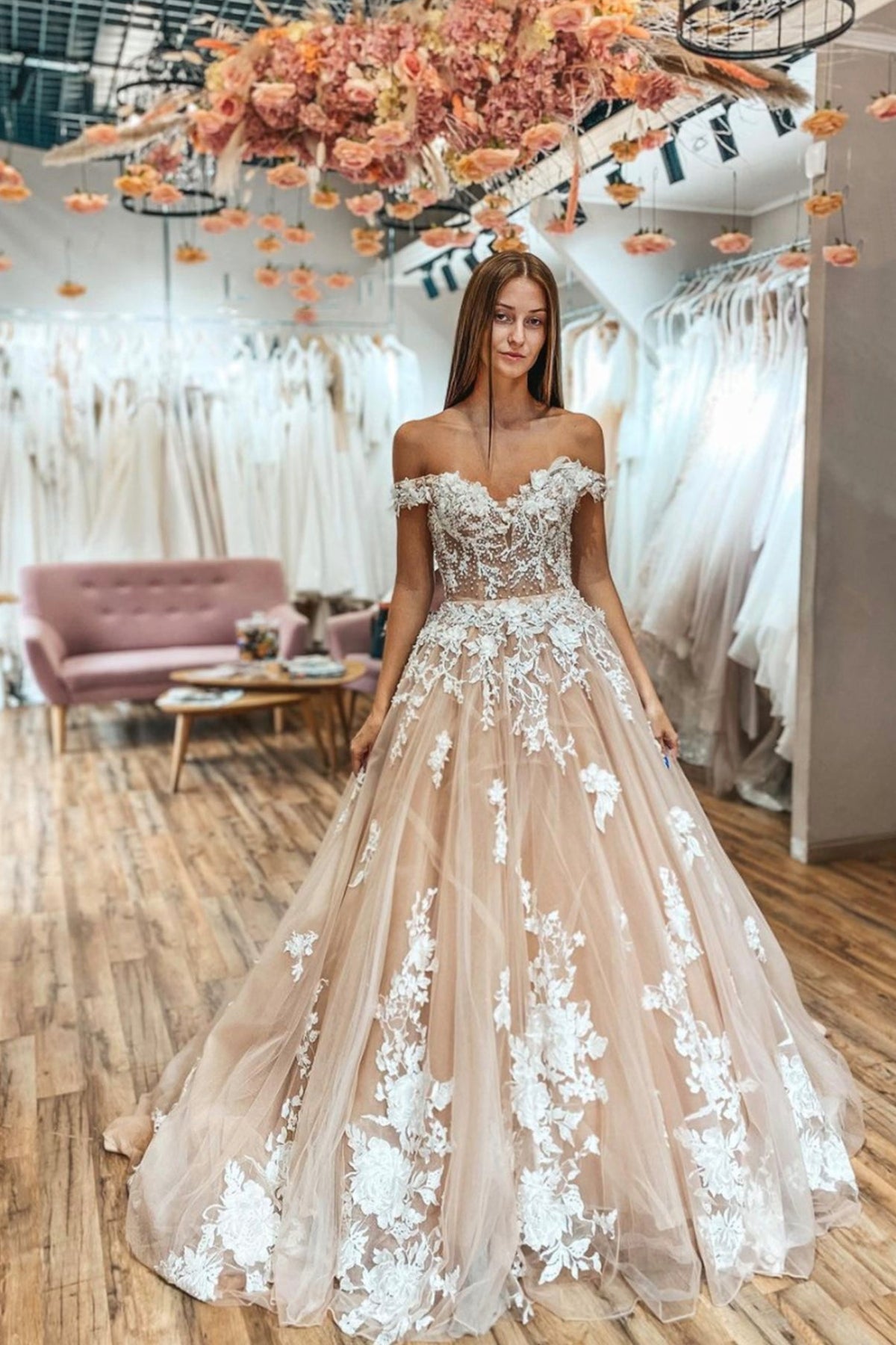 A-Line Lace Long Prom Dresses, Off the Shoulder Evening Dresses
