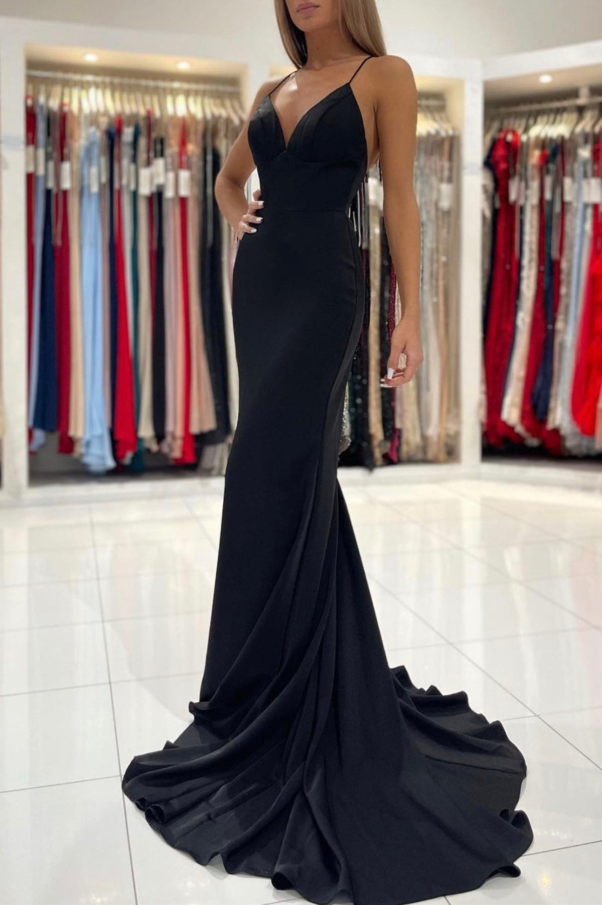 Black V-Neck Long Mermaid Prom Dress, Black Backless Evening Dress