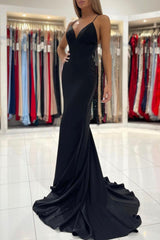 Black V-Neck Long Mermaid Prom Dress, Black Backless Evening Dress