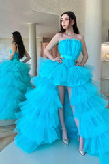 Blue Tulle High Low Prom Dress, A-Line Strapless Party Dress