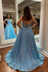 Blue Sequins Long Prom Dress, V-Neck Backless Evening Dress