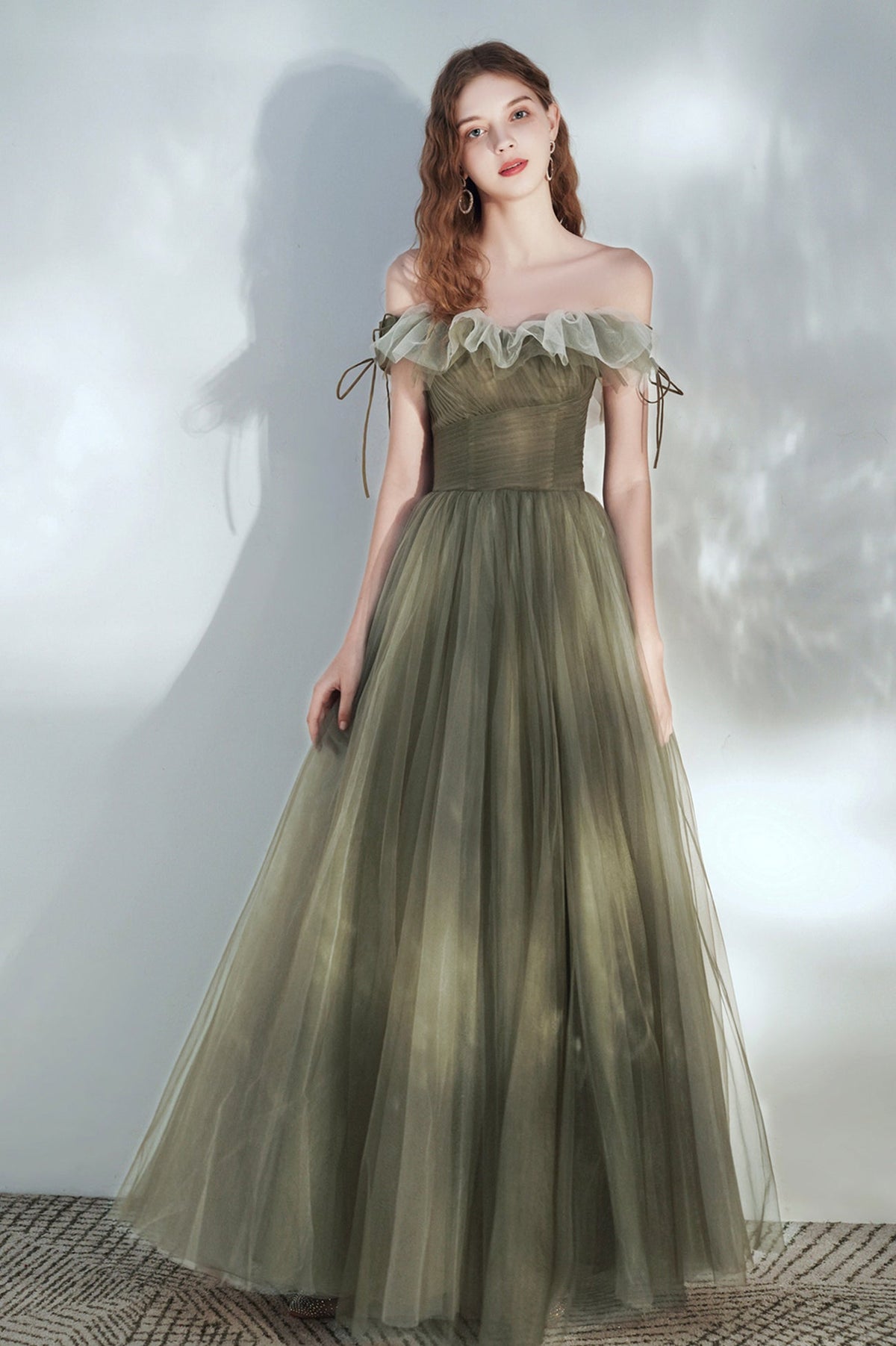 Green Tulle Long Prom Dress, A-Line Off the Shoulder Evening Dress