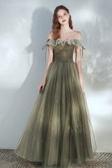 Green Tulle Long Prom Dress, Lovely Off the Shoulder Graduation Dress