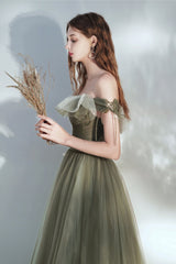 Green Tulle Long Prom Dress, Lovely Off the Shoulder Graduation Dress