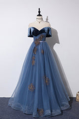 Blue Velvet Tulle Long Prom Dresses, Off the Shoulder Evening Dresses