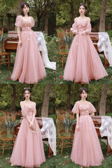 Pink Tulle Long Prom Dresses, Pink A-Line Tulle Party Dresses