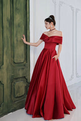 Burgundy Satin Long A-Line Prom Dress, Simple V-Neck Evening Dress