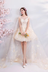 Champagne Scoop Neckline Lace Short Prom Dress, A-Line Homecoming Party Dress
