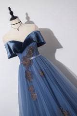 Blue Velvet Tulle Long Prom Dresses, Off the Shoulder Evening Dresses