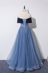 Blue Velvet Tulle Long Prom Dresses, Off the Shoulder Evening Dresses