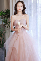 Pink Tulle Layers Floor Length Prom Dress, Cute Strapless Evening Party Dress