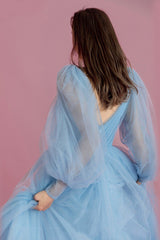 Blue V-Neck Tulle Long Prom Dress, Beautiful Puff Sleeve Evening Dress