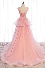 Pink Tulle Sweetheart Straps Long Formal Dresses, Pink Layers Party Dresses