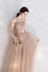 Pink Spaghetti Lace Long Prom Dresses, Cute A-Line Graduation Dresses