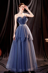 Blue Strapless Tulle Long Prom Dresses, A-Line Evening Dresses
