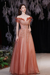 A-Line Tulle Sequins Long Prom Dresses, Off the Shoulder Evening Dresses