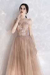 Pink Spaghetti Lace Long Prom Dresses, Cute A-Line Graduation Dresses