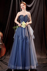 Blue Strapless Tulle Long Prom Dresses, A-Line Evening Dresses