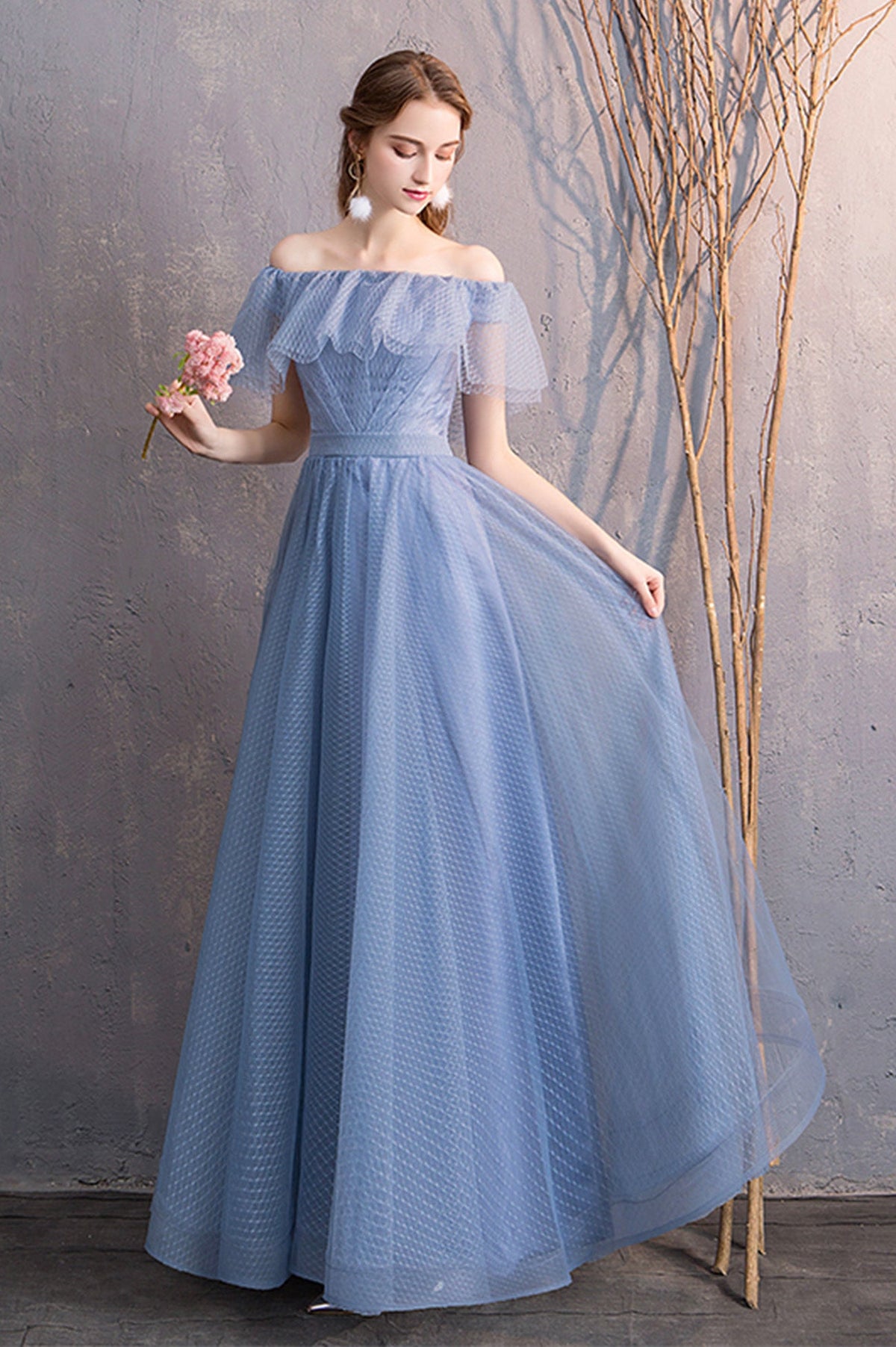 Blue Tulle Long Prom Dresses, A-Line Bridesmaid Dresses