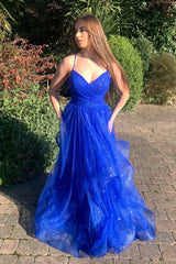 Blue Tulle Long Prom Dresses, A-Line Spaghetti Straps Evening Dresses