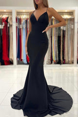 Black V-Neck Long Mermaid Prom Dress, Black Backless Evening Dress