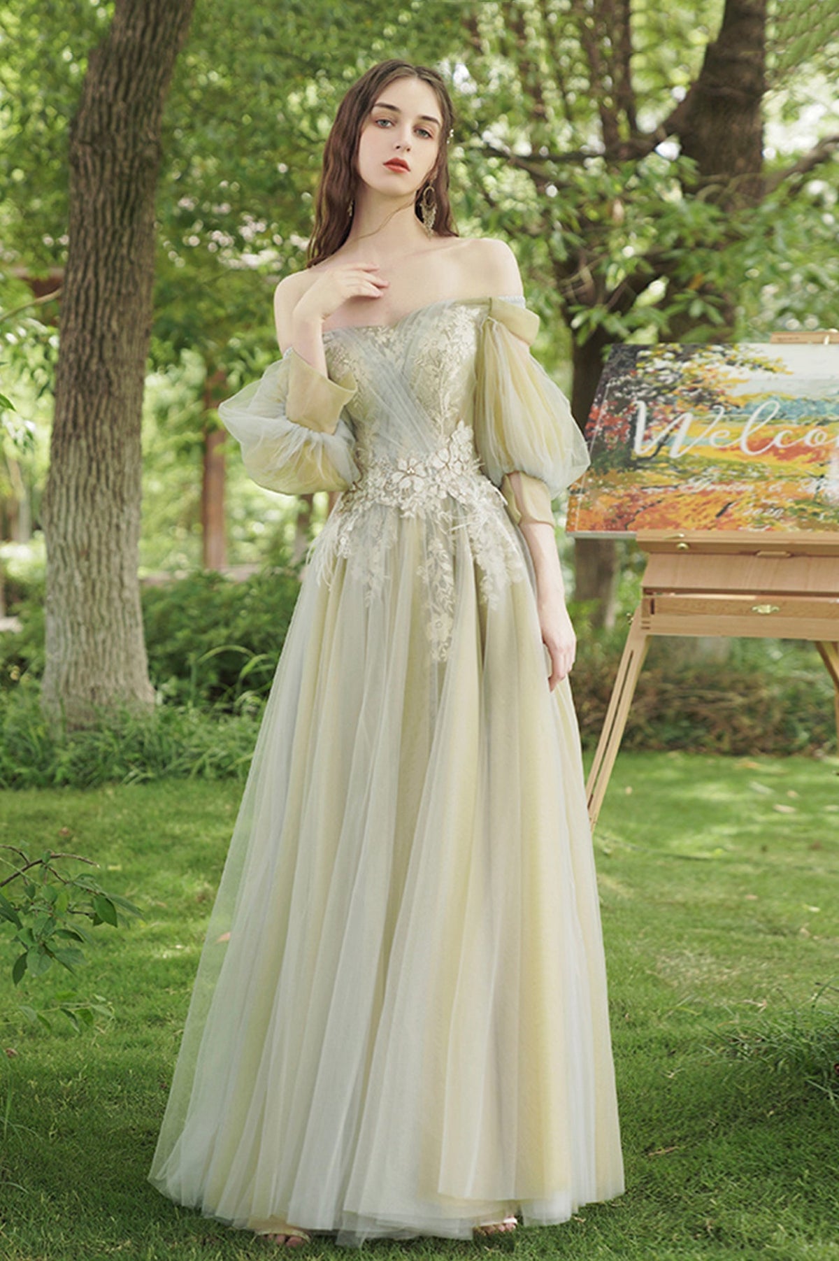 Green Lace Long Prom Dress, A-Line Evening Dress