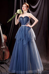 Blue Strapless Tulle Long Prom Dresses, A-Line Evening Dresses