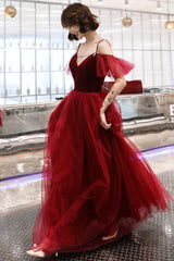 Burgundy A-Line Spaghetti Straps Long Prom Dress, Simple V-Neck Evening Dress