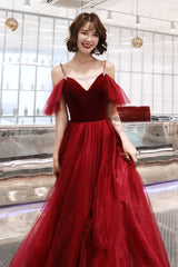 Burgundy A-Line Spaghetti Straps Long Prom Dress, Simple V-Neck Evening Dress