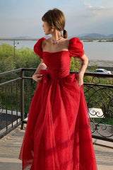 Red Tulle Long A-Line Prom Dress, Cute Short Sleeve Graduation Dress