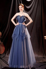 Blue Strapless Tulle Long Prom Dresses, A-Line Evening Dresses