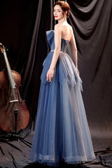 Blue Strapless Tulle Long Prom Dresses, A-Line Evening Dresses