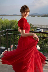 Red Tulle Long A-Line Prom Dress, Cute Short Sleeve Graduation Dress