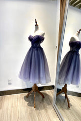 Blue Tulle Lace Short Prom Dress, Off the Shoulder Evening Party Dress