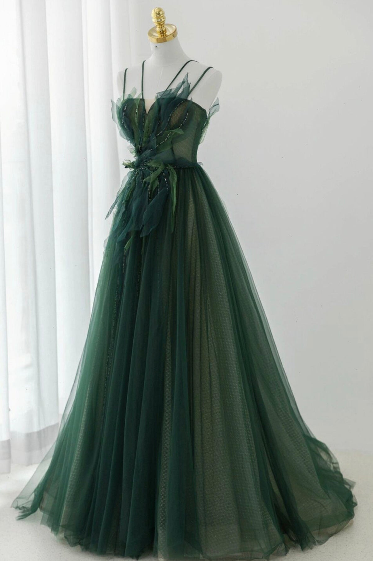 Green Tulle Long A-Line Prom Dress, Beautiful Spaghetti Straps Evening Dress
