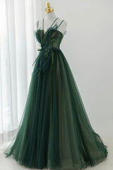 Green Tulle Long A-Line Prom Dress, Beautiful Spaghetti Straps Evening Dress