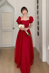 Red Tulle Long A-Line Prom Dress, Cute Short Sleeve Graduation Dress