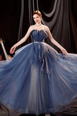 Blue Strapless Tulle Long Prom Dresses, A-Line Evening Dresses