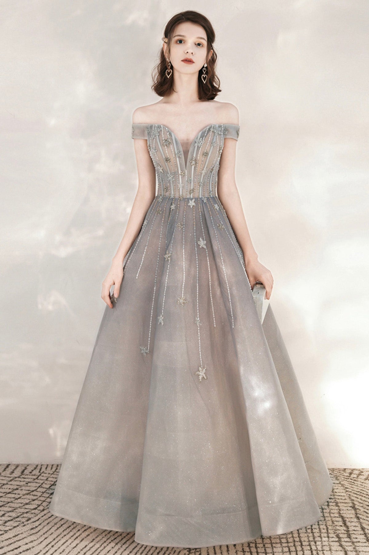 Cute Tulle Sequins Long Prom Dresses, Off the Shoulder Evening Dresses