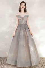 Cute Tulle Sequins Long Prom Dresses, Off the Shoulder Evening Dresses