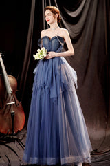 Blue Strapless Tulle Long Prom Dresses, A-Line Evening Dresses