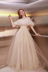 Cute Tulle Long Prom Dress, Shiny A-Line Evening Graduation Dress