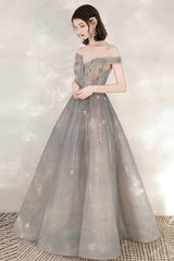Cute Tulle Sequins Long Prom Dresses, Off the Shoulder Evening Dresses