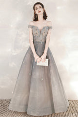 Cute Tulle Sequins Long Prom Dresses, Off the Shoulder Evening Dresses